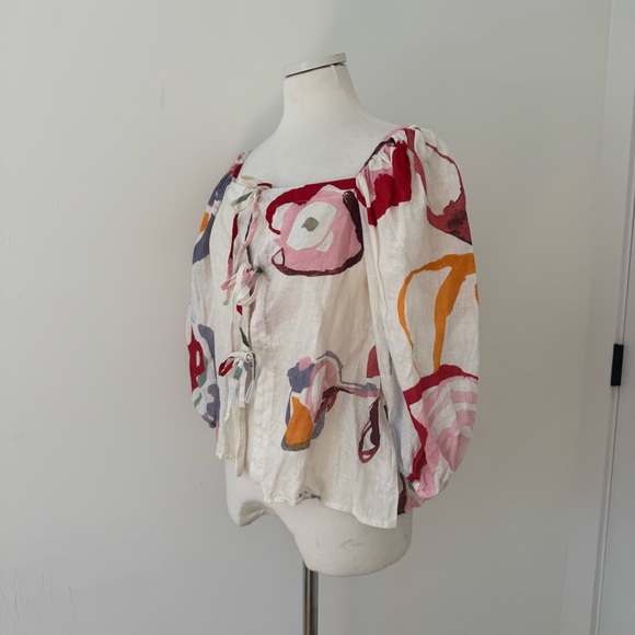 Cult Gaia Watercolor Print Tie Front Linen Top M - Picture 2 of 6